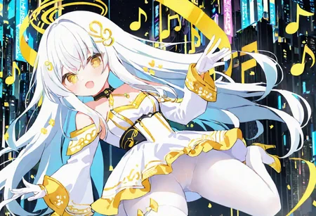 Best quality, masterpiece, sci-fi extremely dark abyss city, music notes, one singer girl with round pert breasts, majestic walk, hands gesturing, adorable pure white long loose hair, simple hairpin, adorable smooth happy face, singing, open mouth, bright yellow eyes, detailed kawaii makeup, beautiful white dress with long sleeves and gloves, slim waist, very short miniskirt, white tights, thick clavicle, thick pelvis, thick hips, thick thighs, heels
