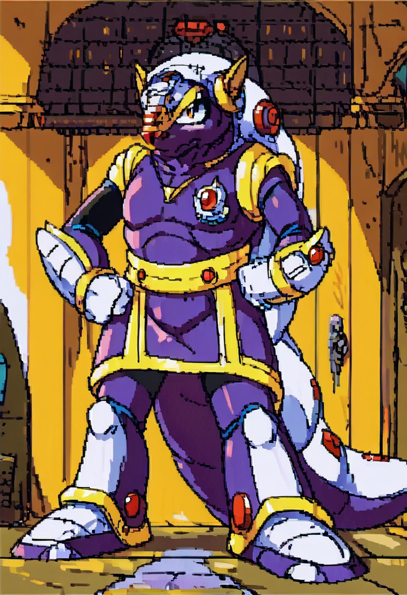 score_9, score_8_up, score_7_up, score_6_up, score_5_up, source_furry, maverick, armored armadillo, mmx, purple + gold armor, armadillo, metallic, robot animal, shell, red nose, armadillo ears, genderswap, 1girl, female, adult, breast, solo, looking at viewer, unamused, glare, hands on hip, annoyed look, mad