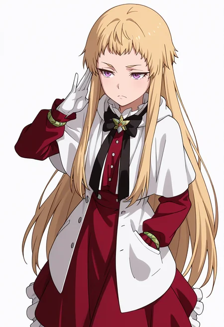 Smooth Quality,masterpiece,very intricate, high quality details, ultra realistic, high detailed skin,detailed enviorement,absurdres,
simple background, white background,solo,
walking pose, one hand in pocket, head slightly turned, casual stride, confident aura,  ,front view,afterglow,frown, 
haori,  ,zip-up hoodie, ,frilled skirt,, 
<lora:Mariabell_Rosso_cnn:0.8> maricnn,1girl, long hair, blonde hair, purple eyes, frown, very long hair,red dress, long sleeves,white capelet,black bowtie,white gloves,