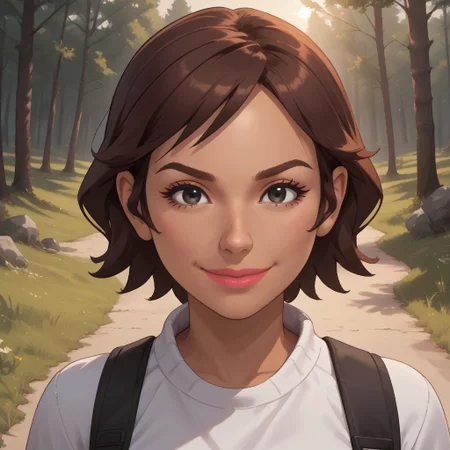 score_9, score_8, BREAK, solo, mii, wii, wii sports, 1girl, female mii, dark red hair, black eyes, lips, pink lips, facial feature, brown eyebrows, white clothing, black pants, breasts, sneakers, yoko_(\wii_sports\), short hair, nintendo mii, modern_mii, classic_mii, dark skin, dark skin female, sexy pose, self portrait, smile, outdoors, sunlight, shadows, evening lighting, natural lighting, forest, trees, grass, orange sky, sunset