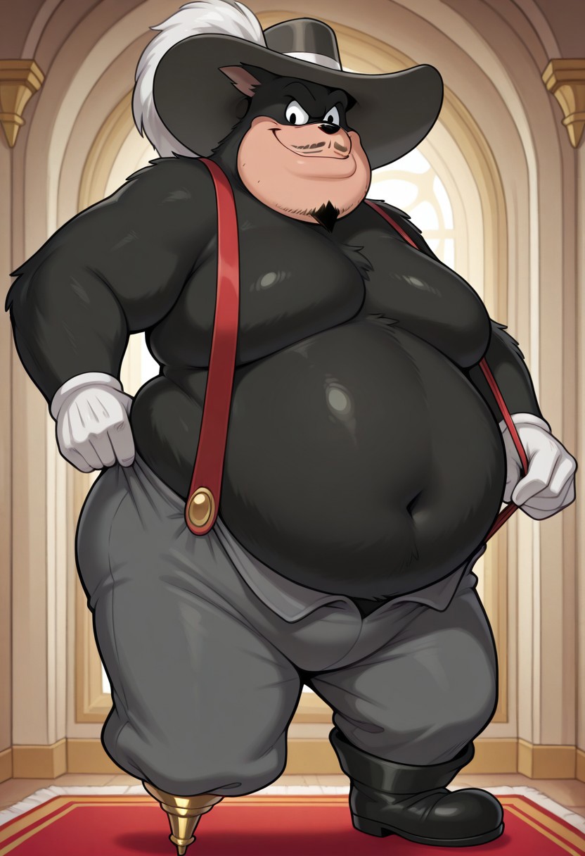 masterpiece,best quality,amazing quality,1boy, solo, p3t3, peg leg, black boot, white gloves, furry male, facial hair, pants, red suspenders,
Looking at the viewer,, Big pecs, belly , fat man, dream garden scenary,  black fur, smile, cavalier hat,