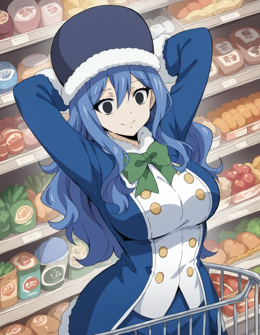 score_9, score_8_up, score_7_up, source_anime, <lora:juvia-lockser-100yq-ponyxl-lora-nochekaiser:1>, juvia lockser, long hair, large breasts, hair between eyes, blue hair, black eyes, empty eyes,, hat, bow, bowtie, coat, fur trim, green bow, blue coat, fur hat, green bowtie, grocery store, shopping cart, picking fruits, everyday life, , smile, , hands behind head,, solo,, dutch angle,
