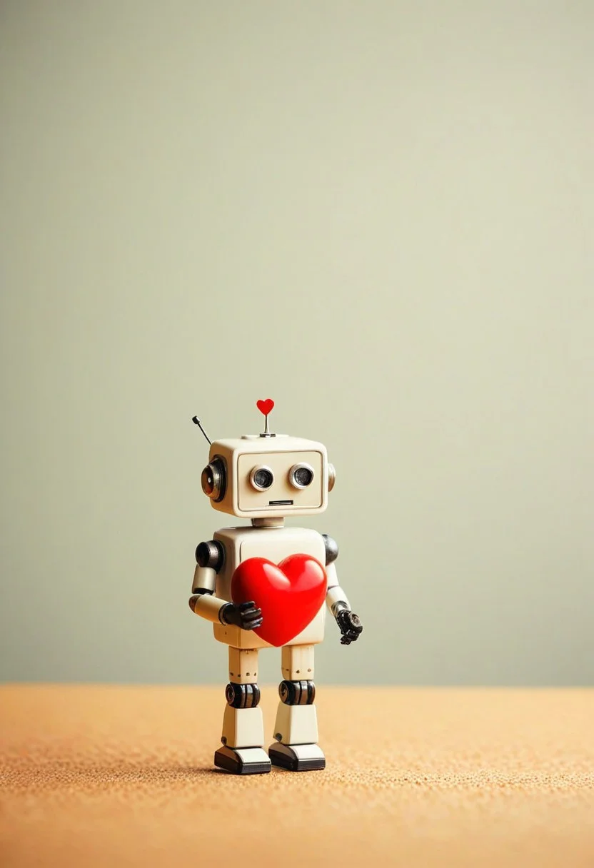 Tilt shift photography style, Diorama page, cute simple retro Robot carrying a large red heart on its head, arms up, ( Unmanned:1.2),