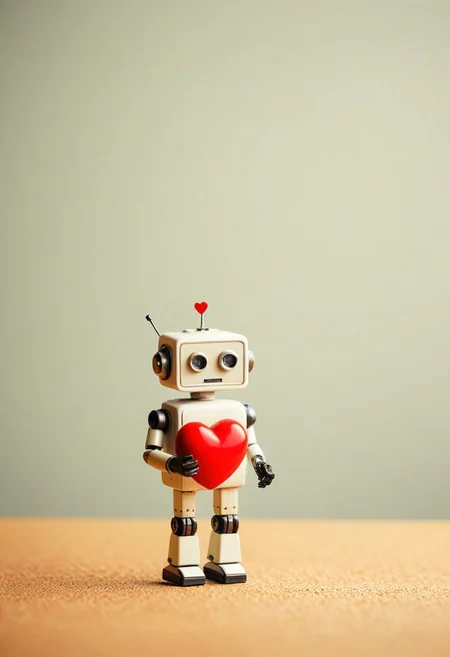 Tilt shift photography style, Diorama page, cute simple retro Robot carrying a large red heart on its head, arms up, ( Unmanned:1.2),