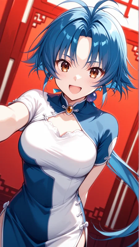 source_anime, general, best quality, masterpiece, 1girl, <lora:Aria_Advance_ill_v1.1:1> aria_advance\(srw\), brown eyes, blue hair,medium breasts,long hair,low ponytail , jewelry,earrings,china dress, happy, (embarrassed:0.8), dynamic pose, dutch angle,