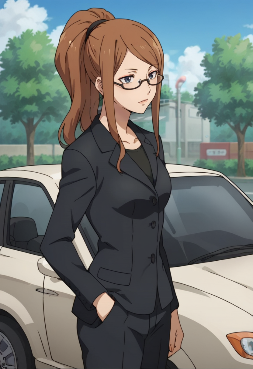 score_9,score_8_up,score_7_up,score_6_up,score_5_up,score_4_up,anime coloring,source_anime,<lora:Rikako_Darker_than_Black_Pony:0.7>,rikako,1girl,solo,grey eyes,brown hair,long hair,high ponytail,glasses,suit,pants,against_car,outdoors,parking,