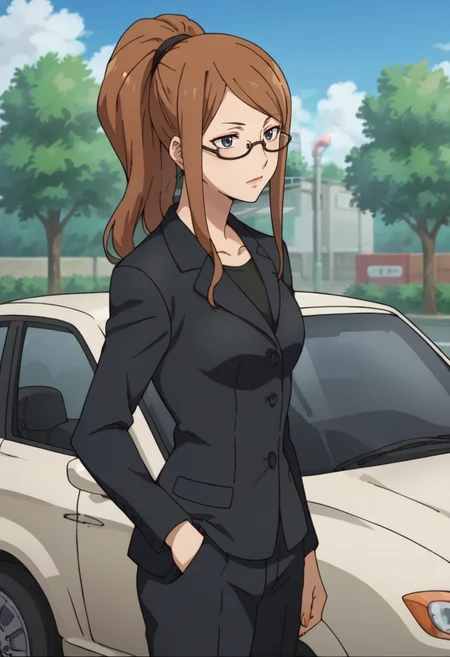 score_9,score_8_up,score_7_up,score_6_up,score_5_up,score_4_up,anime coloring,source_anime,<lora:Rikako_Darker_than_Black_Pony:0.7>,rikako,1girl,solo,grey eyes,brown hair,long hair,high ponytail,glasses,suit,pants,against_car,outdoors,parking,