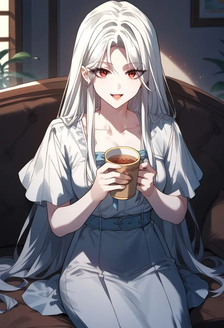 zPDXL3, score_9_up, score_8_up, score_7_up, (Anime_source), 1girl, Laila, red eyes, white hair, long hair, Laila summer skirt, holding tea cub, cowboy shot, looking at viewer, parted lips, sitting on couch, smile, open mouth, from front