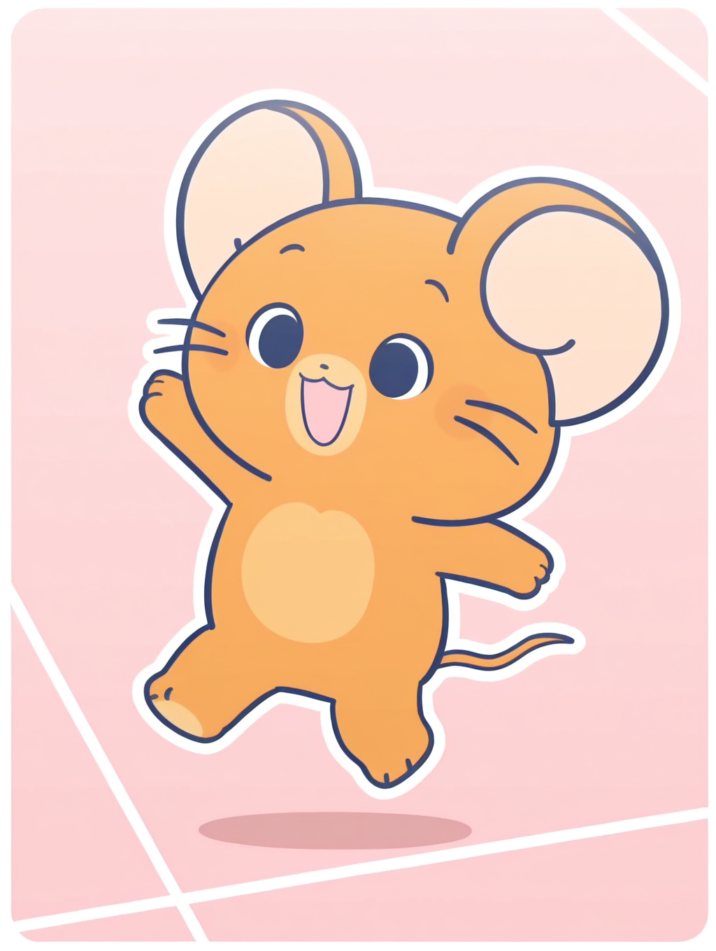 Jerī_Mouse, Triangle body, solo, mouse, happ, :d, orange-brown skin, whiskers, mouse ears, mouse tail, minimal, (( White frame, white outline))
