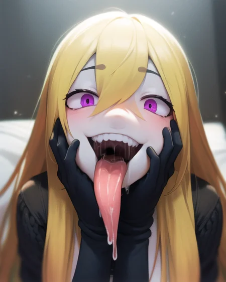 (masterpiece, best quality:1.2), extremely detailed, soft ambient lighting, sharp focus, 4K, BREAK, 1girl, tall girl, long blonde hair, blue colored inner hair, hikimayu, hair between eyes, purple eyes, small pupils, (crazy eyes, crazy smile), black turtleneck sweater, black gloves, small breasts, hands on face, <lora:Constricted Pupils5:0.7>, <lora:colored inner hair:1>, <lora:(Concept) Eyebrows Maro:1>, BREAK <lora:long_tongue:0.5>, lngtng, long tongue, open mouth, drooling, saliva, BREAK face focus