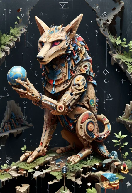 a tarot card drawing of stargatejackal, performing alchemy of etheral symbol quintessence, claws holding the globe (one hand raised showing the eye of chemigram:1.1, analog style:0.8, eye of hamesh (with rays coming out of it), OverallDetail forging cluster astral keys. <lora:symmetrical:1.5>, worn edges  tetrahedal trees ancient-ruin-forest, s7r:1.2 ((revelation of method,PStyl3 )(gl5, <lora:Maximalist_Drawing_BW:0.2>))), (map QuinnMora, HaroldFiskMeander background:1.4), framesmade of forest valley leb-style,, , no human, ((sigil of pyramid, HaroldFiskMeander, sigil of great power, frames cube FancyTurning:1.5), (three planes) X Y Z in occult space