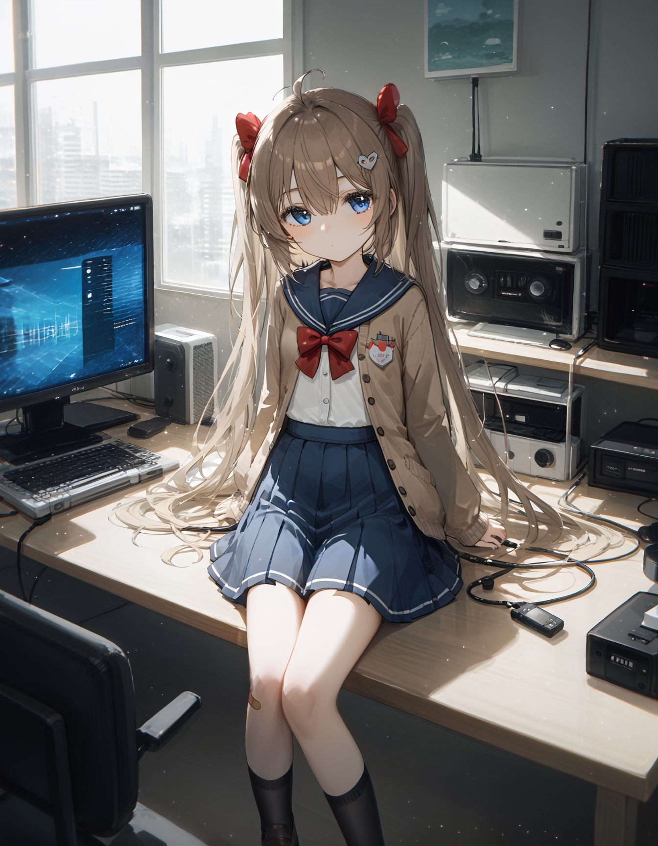 score_9,score_8_up,score_7_up,score_6_up,
<lora:pony_good_hands:1>,good_hands,<lora:PerfectEyesXL:1>,1girl,
<lora:konyakarasueXLlokr4f:0.7>,<lora:Neuro-Sama(vtb)-Pony:0.6>,Neuro-sama,ahoge,very long hair,long hair,brown hair,two side up,hair bow,red bow,hairclip,heart hair ornament,hair between eyes,bangs,blue eyes,school uniform,blue sailor collar,brown cardigan,open clothes,open cardigan,white shirt,green bow,puffy long sleeves,sleeves past wrists,button badge,small breasts,blue skirt,pleated skirt,bandaid on knee,single thighhigh,asymmetrical legwear,black thighhighs,single sock,loafers,brown footwear,
expressionless,lying,aiming_at_viewer,moody lighting,Tyndall effect,server room,table,air_conditioner,sash,computer,Smartphones,mouse,power_lines,cable,vespa,