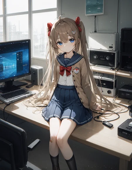 score_9,score_8_up,score_7_up,score_6_up,
<lora:pony_good_hands:1>,good_hands,<lora:PerfectEyesXL:1>,1girl,
<lora:konyakarasueXLlokr4f:0.7>,<lora:Neuro-Sama(vtb)-Pony:0.6>,Neuro-sama,ahoge,very long hair,long hair,brown hair,two side up,hair bow,red bow,hairclip,heart hair ornament,hair between eyes,bangs,blue eyes,school uniform,blue sailor collar,brown cardigan,open clothes,open cardigan,white shirt,green bow,puffy long sleeves,sleeves past wrists,button badge,small breasts,blue skirt,pleated skirt,bandaid on knee,single thighhigh,asymmetrical legwear,black thighhighs,single sock,loafers,brown footwear,
expressionless,lying,aiming_at_viewer,moody lighting,Tyndall effect,server room,table,air_conditioner,sash,computer,Smartphones,mouse,power_lines,cable,vespa,