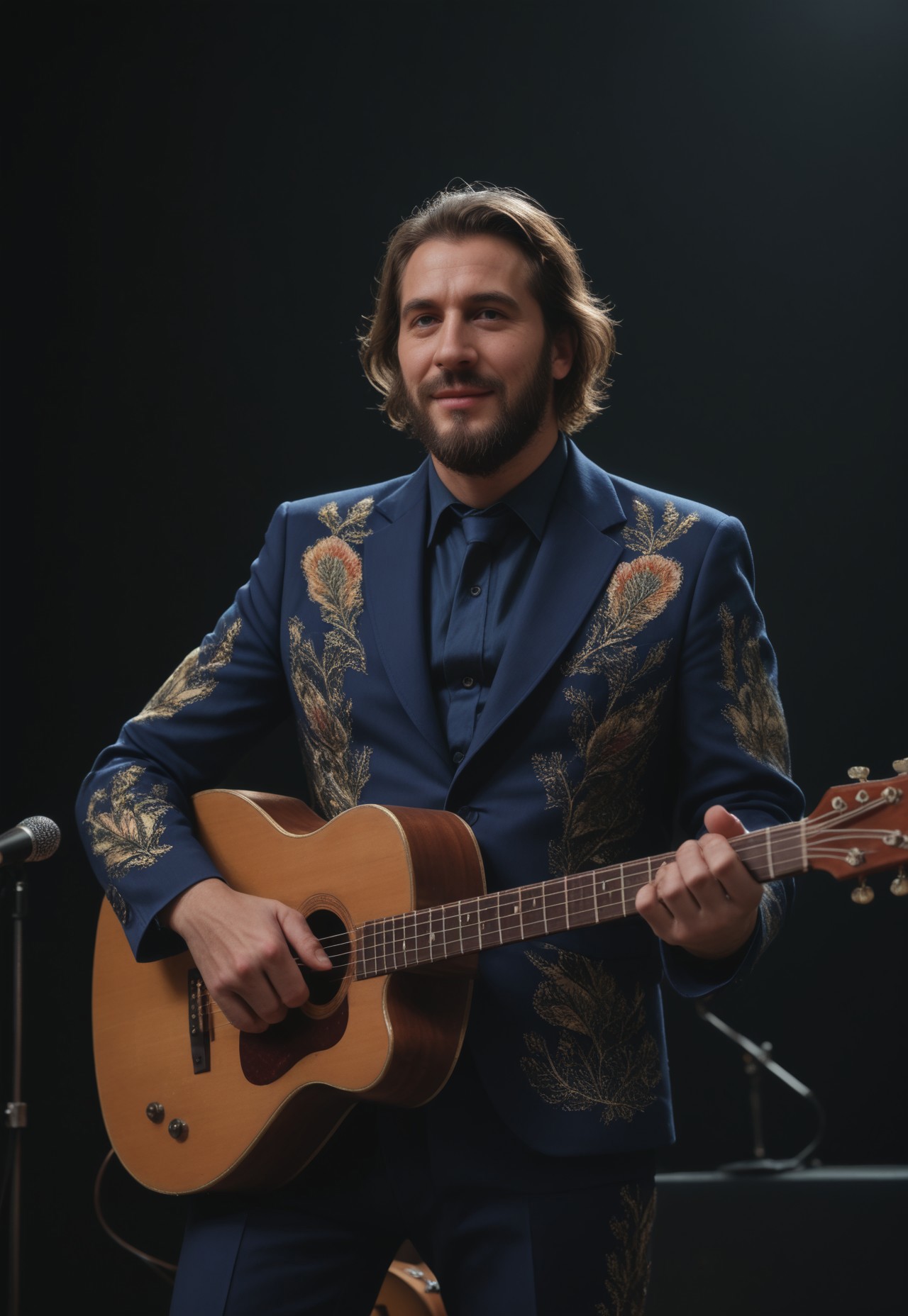 score_9, score_8_up, score_7_up, score_6_up, Stable_Yogis_PDXL_Positives,  realism, 1boy, Country singer with long beard on stage at the Grand Ol Opry, guitar, nudie suit

