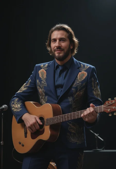 score_9, score_8_up, score_7_up, score_6_up, Stable_Yogis_PDXL_Positives,  realism, 1boy, Country singer with long beard on stage at the Grand Ol Opry, guitar, nudie suit

