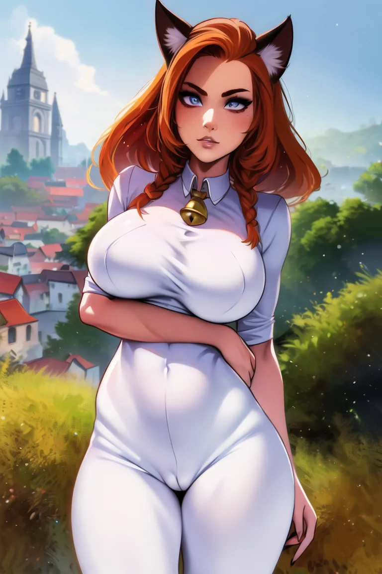 girl, (eyes, eyeshadow, detailed eyes), (hotify,digital art,fit,hot body,instagram:1.2),(cat:1.4), (Strong Wind,Village Background:1.4),Slim Waist,Big Breasts,(Leaning),Short Hair,Crochet Braids,(auburn Collared Shirt,white Bell Bottoms:1.3),k-on,Nurse Outfit ,(masterpiece,detailed,highres:1.4) <lora:clouds_raw:0.9>