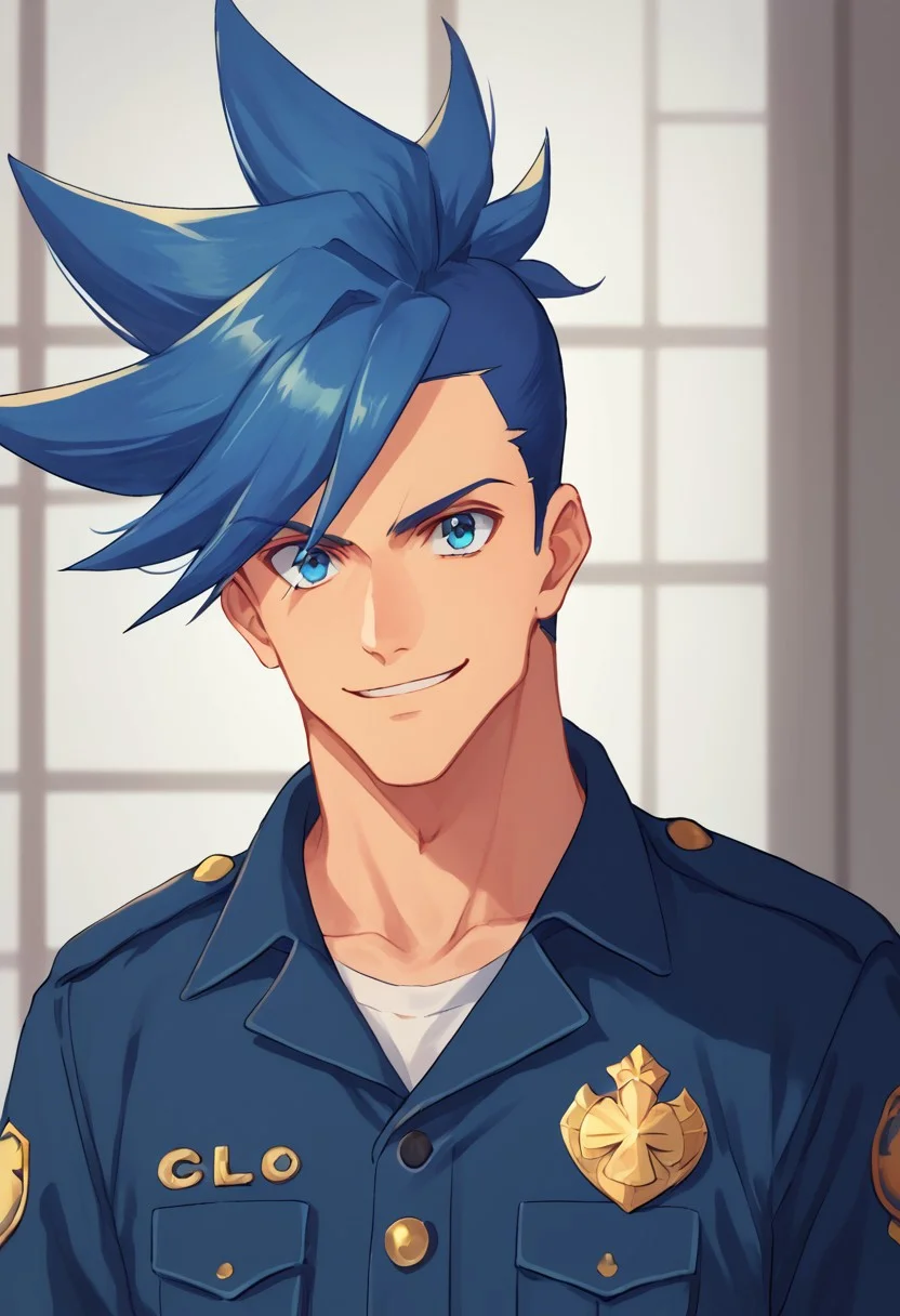 score_9, score_8_up, score_7_up, source_anime, highly detailed,
galo, 1boy, spiked hair male focus, police uniform, blue hair, police, blue eyes uniform, smile, solo, looking at viewer, shirt, upper body,
indoor,