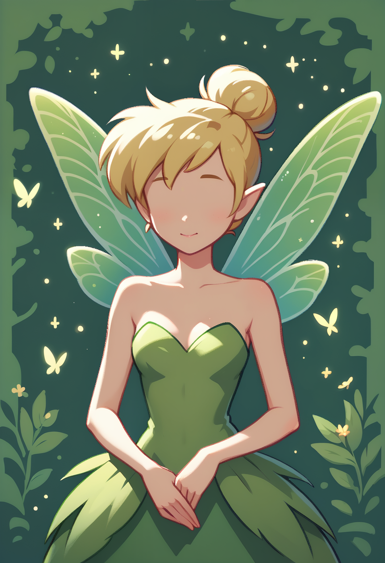 score_9, score_8_up, score_7_up, score_6_up, score_5_up, score_4_up <lora:PonyMinimalStyle:0.8> Minimalstyle, 1girl, simple background, Tinkerbell from peter pan, high quality, extremely detailed, beautiful, elegant, faceless female, blonde hair, green short dress, fairy wings, beautiful sparkling fantasy forest background