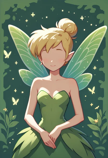 score_9, score_8_up, score_7_up, score_6_up, score_5_up, score_4_up <lora:PonyMinimalStyle:0.8> Minimalstyle, 1girl, simple background, Tinkerbell from peter pan, high quality, extremely detailed, beautiful, elegant, faceless female, blonde hair, green short dress, fairy wings, beautiful sparkling fantasy forest background