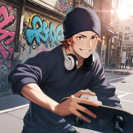 masterpiece, best quality, amazing quality, absurdres, newest, detailed background, definition so sharp, Ultra-HD, 8K cinematic, very awa, impressionate, amazing quality, highres,
solo, male focus, manly,
1boy, short hair, beanie, headphone around neck, misaki_orange hair, misaki_brown eyes, misakiyata, street art, graffiti, urban setting, sunny day, lens flare, motion blur, youthful, dynamic, active, mid-air, skateboard, energetic pose, cheerful smile,