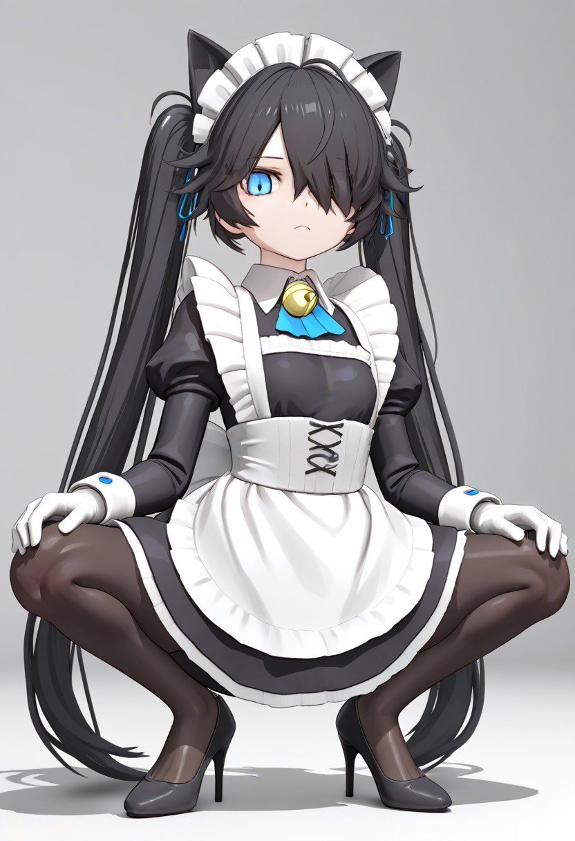 (3D),((((MMD)))),(Maid-kasli), solo, white gloves, dress, hair over one eye, maid apron, blue eyes, twintails, cat ears, maid headdress, maid, gloves, 1girl, apron, juliet sleeves, long sleeves, long hair, black hair, animal ears, bell,(Fall down),(squatting down, heels touching each other, legs fully extended outward)