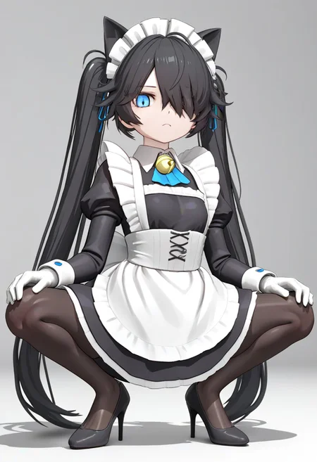 (3D),((((MMD)))),(Maid-kasli), solo, white gloves, dress, hair over one eye, maid apron, blue eyes, twintails, cat ears, maid headdress, maid, gloves, 1girl, apron, juliet sleeves, long sleeves, long hair, black hair, animal ears, bell,(Fall down),(squatting down, heels touching each other, legs fully extended outward)