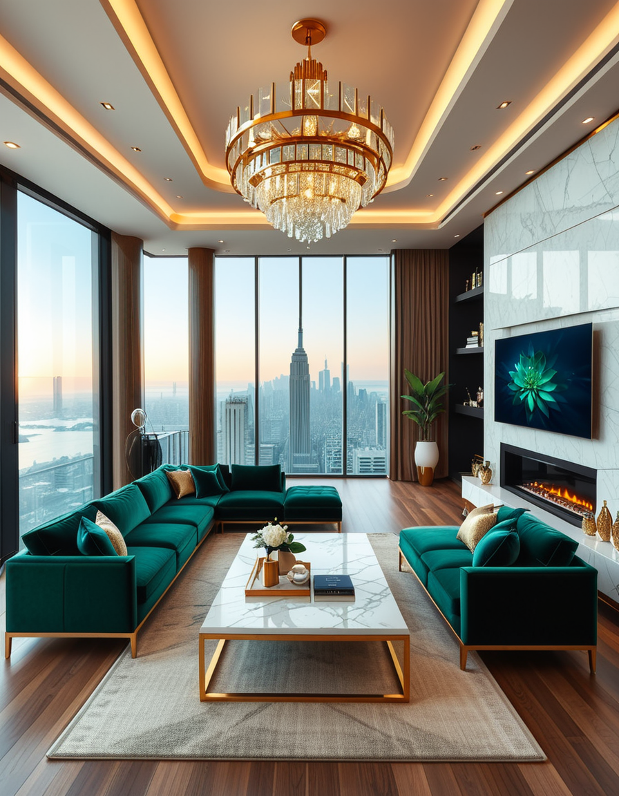 A lavish and modern luxury living room with a spacious open layout. The room features a grand chandelier with crystal details hanging from a high ceiling. Plush velvet sofas in deep emerald green and navy blue are arranged around a sleek marble coffee table with gold accents. The floor-to-ceiling windows allow natural light to flood the space, revealing a breathtaking city skyline in the background. A contemporary fireplace with a sculptural design adds warmth, while elegant artwork and designer decor pieces complete the sophisticated ambiance. The lighting is soft and ambient, creating a cozy yet opulent atmosphere.
<lora:SDXLFaeTastic2400:0.4> <lora:extremely_detailed:0.4> extremely detailed,  <lora:luxurious_l1v1ng_r00m:1>,luxurious l1v1ng r00m, Masterpiece,best quality,hi res,8k,hi res,8k,award winning,(sharp focus, intricate, highly detailed),
