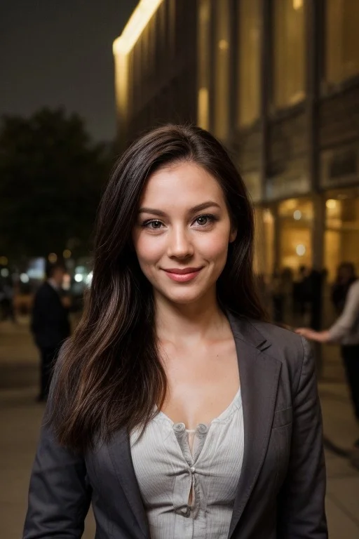 30yo American woman wearing bussiness suit holding a cigarrete
Dark black smooth long hair ponytail. smiling.
Looking at camera.
Dynamic varying pose.
Outside bussiness. Night time,  
Night time, dark.