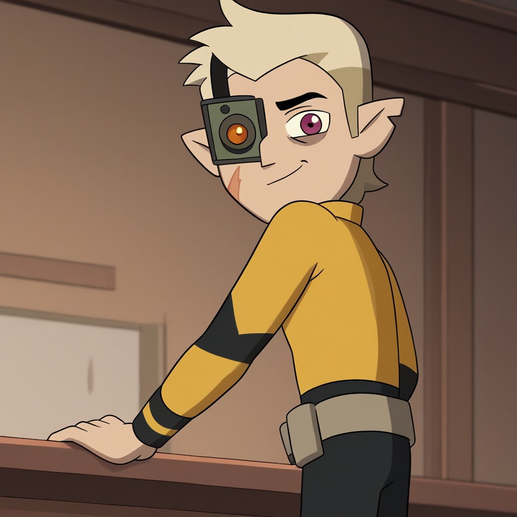 score_9, score_8_up, score_7_up, score_6_up, (cowboy shot, perfect hands),looking at viewer, 1boy, male, <lora:Hunter_The_Owl_House:0.7>, Hunter, fair complexion, slightly hooked nose, dark magenta eyes, thick black eyebrows, pointy ears, tooth gap, eye bags, long ash-blond hair, notch on left ear, scar on right cheek, costume, black and yellow long-sleeved shirt, utility belt, black pants with cuffs, white socks, black and dark yellow shoes, robotic eye attachment, male focus, solo, smirk, amused, inside, looking back, upper_body, view from below,