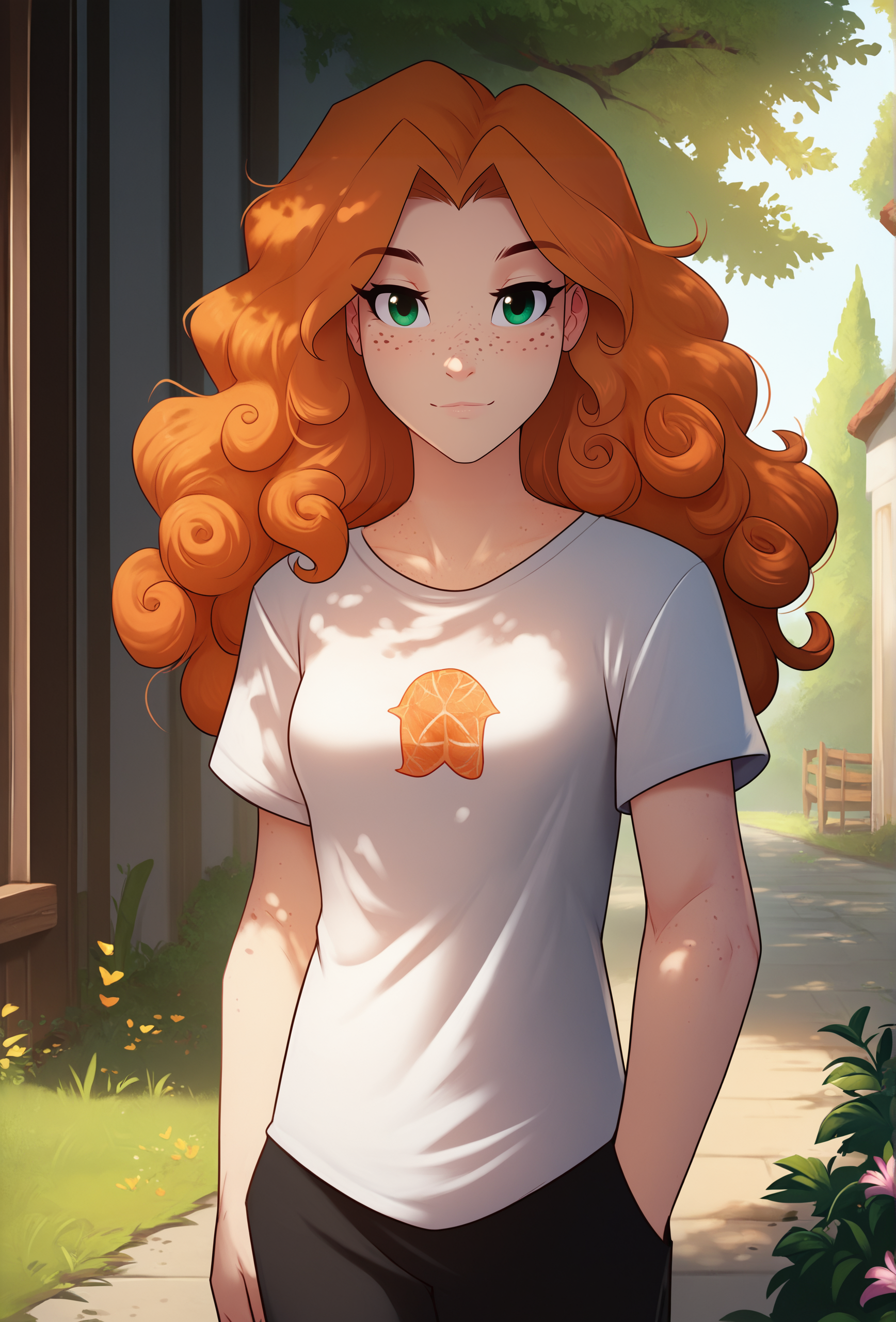 score_9, score_8_up, score_7_up, score_6_up, score_5_up, score_4_up,   <lora:tom_fischbach_style_ponyXL_v1.5:0.75> tomfischbach, 1girl. human, green eyes, orange hair, outdoors, t-shirt, medium breast, young, cowboy shot, freckles, long hair, curly hair