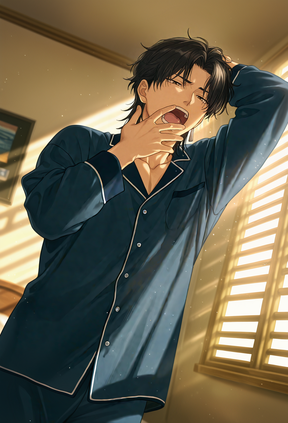 masterpiece,best quality,very aesthetic,newest,absurdres,anime screencap,intricate details,good quality,very awa,highres,perfect proportions,perfect eyes,amazing quality,very aesthetic,anime screenshot,
<lora:noobai_vpred_1_aqm_complete_v3:1>,
<lora:Sakurai_Kouchi_Tokimeki_Memorial_GS_3:0.9>,
sk0u1ch1,black_sk0u1ch1_hair,amber_sk0u1ch1_eyes,sk0u1ch1_single_earring,1boy,male focus,solo,manly,
parted bangs,hair down,(hand in own hair:0.7),
morning,bedroom,dark-blue pajamas,yawning,indoors,retro decor,retro poster,
shadow,dynamic angle,dynamic action,atmospheric perspective,intricate lighting,intricately detailed illustration,depth of field
