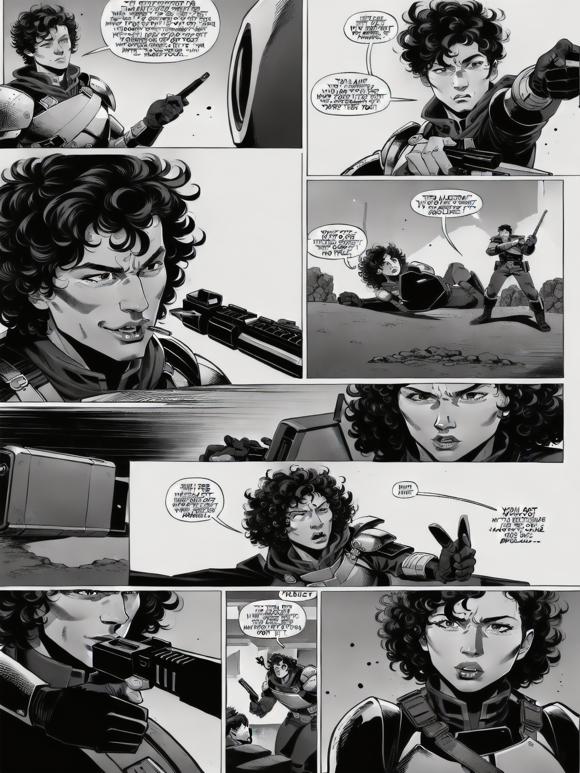 (Realistic:1.5) (masterpiece) holding weapon, military, breastplate, cape, pectorals, office, food, rifle, handgun, knight, motor vehicle, weapon, 6+boys, alien, gloves, curly hair, rifle, mohawk, skull, box, mecha, car, suit, 1girl, pen, outdoors, 1boy, 2boys, 3boys, bowl, <lora:EdobComic01_v1.0:0.8>