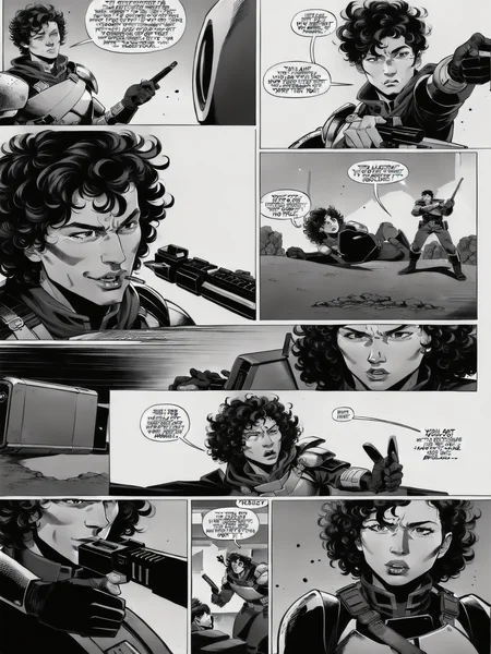 (Realistic:1.5) (masterpiece) holding weapon, military, breastplate, cape, pectorals, office, food, rifle, handgun, knight, motor vehicle, weapon, 6+boys, alien, gloves, curly hair, rifle, mohawk, skull, box, mecha, car, suit, 1girl, pen, outdoors, 1boy, 2boys, 3boys, bowl, <lora:EdobComic01_v1.0:0.8>