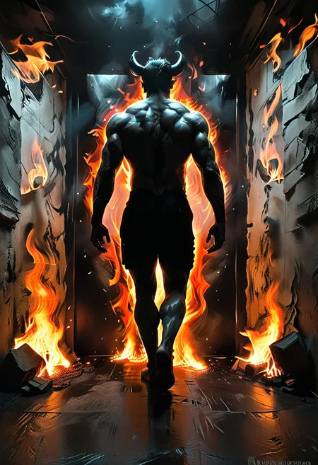 fullbody, full body, back view, <lora:Super perspective and fight stance:0.8>, ((super low perspective)), low perspective, ((fisheye)), dark atmosphere, dark shadow, deep shadow, shadow, Super perspective,fisheye, wide shot, foreshorten, lighting stance, (fire around), ((fiery footprints)),
Man with demon horns in black shorts walking away from the long dark office corridor, Adult, Mesomorph Muscular body, short Muscular neck, Rectangle faces, broad Muscular shoulders, Muscular fitness arms, black short combed back hair, Angular jawline, Designer Stubble black whiskers, triangular black hair beard, Muscular fitness ass, Athletic thighs, Muscular fitness legs, big muscles, dark black skin,
((burning walls)), ((fire on the walls)),
<lora:Camera Perspectives (507):1>, from below, foreshortening, perspective,
graphic style of novel comics, perfect hands, 2d,
8k, hyperrealism, masterpiece, high resolution, best quality, ultra-detailed, super realistic, Hyperrealistic art, high-quality, ultra high res, highest detailed, lot of details, Extremely high-resolution details, incredibly lifelike, colourful, soft cinematic light,