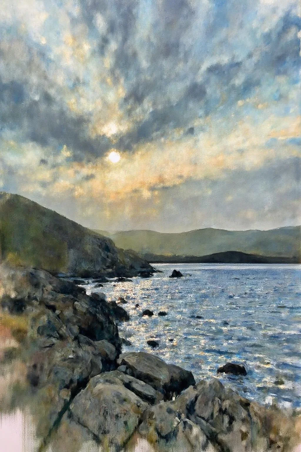 painting. A rocky shoreline appears on the left, with rocks in shades of green and brown. The foreground water shimmers with reflections from sunlight breaking through clouds. The sky includes blue, gray, and yellow, with the sun partially obscured. Distant hills or landmasses are visible in the background. <lora:billbate1_cap_d8a4e12:1.0><lora:852809462476453013:0>