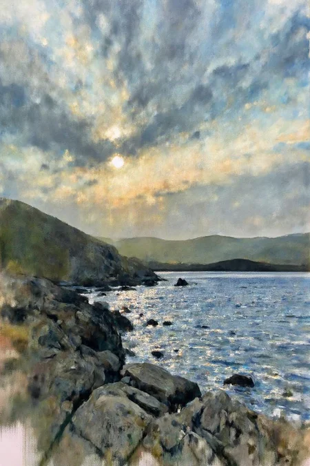 painting. A rocky shoreline appears on the left, with rocks in shades of green and brown. The foreground water shimmers with reflections from sunlight breaking through clouds. The sky includes blue, gray, and yellow, with the sun partially obscured. Distant hills or landmasses are visible in the background. <lora:billbate1_cap_d8a4e12:1.0><lora:852809462476453013:0>