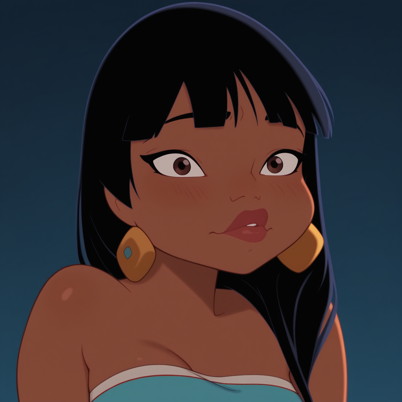 1girl, masterpiece, best quality, amazing quality,  absurdres,   <lora:Chel__Road_el_Dorado__Illustrious__v3.5:1> ch3ld1, latina girl, dark-skinned female, bangs, long hair, black hair, brown eyes, wide hips, sexy body, fit body, thick lips,