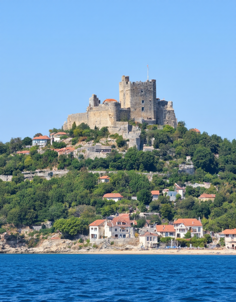 <lora:YCO_flux_F1b:1> yco_flux, fortified castle, on a mountain, outside, blue sea, fortified town, scenery, sunny summer day, beach,