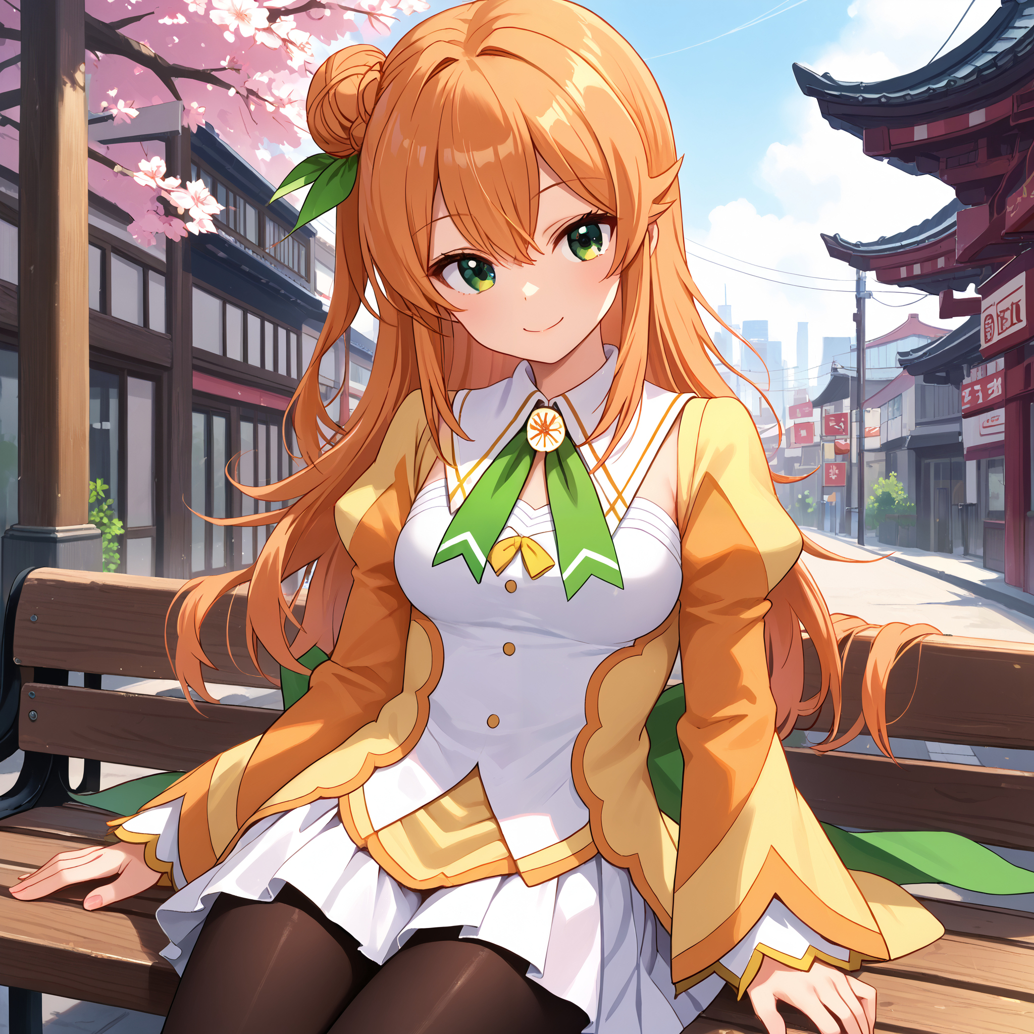score_9, score_8_up, score_7_up, score_6_up, score_5_up, score_4_up, BREAK source_anime, look at viewer, rating_safe, 1girl, solo, city, cherry blossom, sitting, bench, smiling, masterpiece, best quality, high detailed skin,  hinatsuki mikan, single hair bun, long hair, orange hair, green eyes, magical girl, leaf hair ornament, long sleeves, neck ribbon, yellow dress, green bow, juliet sleeves, white skirt, waist cape, miniskirt, black pantyhose,