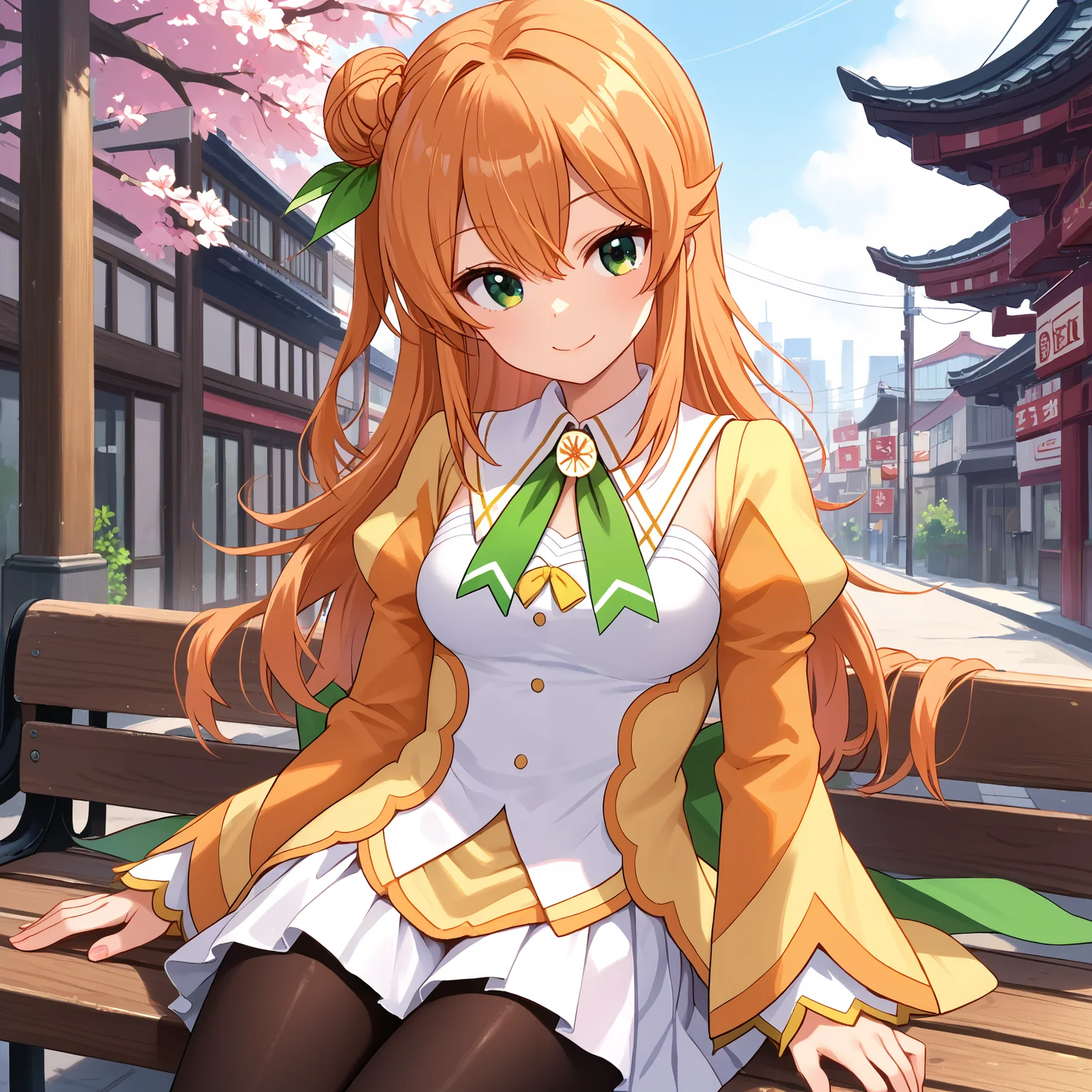 score_9, score_8_up, score_7_up, score_6_up, score_5_up, score_4_up, BREAK source_anime, look at viewer, rating_safe, 1girl, solo, city, cherry blossom, sitting, bench, smiling, masterpiece, best quality, high detailed skin,  hinatsuki mikan, single hair bun, long hair, orange hair, green eyes, magical girl, leaf hair ornament, long sleeves, neck ribbon, yellow dress, green bow, juliet sleeves, white skirt, waist cape, miniskirt, black pantyhose,