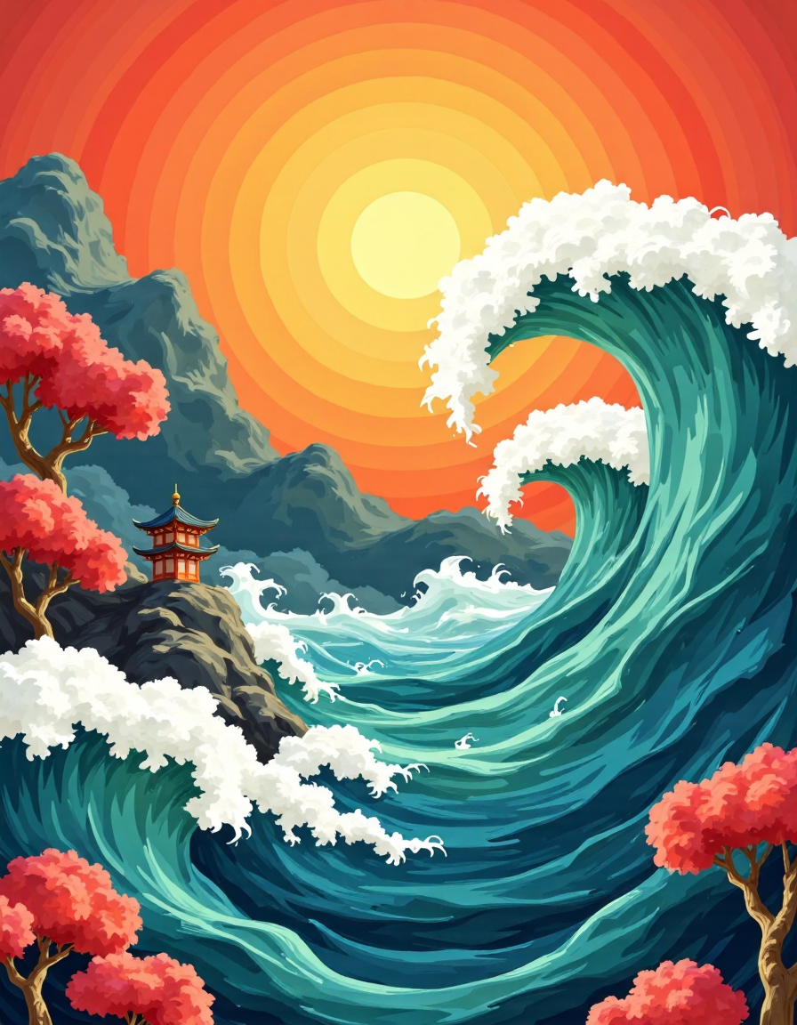 A surreal, dreamlike landscape inspired by Japanese wave and nature motifs, reimagined through a highly stylized layered design that mimics paper art. A sweeping wave flows upward through the center, surrounded by abstract mountains and fantastical trees, all culminating in a radiant, cosmic sun. The harmonious interplay of vibrant color contrasts and soft, sculptural textures creates a serene yet powerful atmosphere, reflecting nature’s overwhelming beauty and the quiet presence of humanity within it.