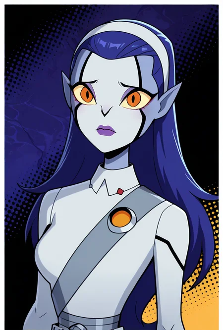 <lora:rookshar-10:1> rookshar, blue hair, colored skin, yellow sclera, long hair, 1girl, purple lips, white hairband, pointy ears, white suit, masterpiece, best quality, amazing quality, very aesthetic, absurdres, newest,, upper body, halftone effect, white borders, abstract background:1.2,