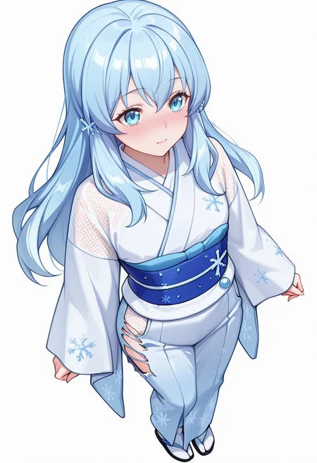 Smooth Quality,masterpiece,very intricate, high quality details, ultra realistic, high detailed skin,detailed enviorement,absurdres,
pinky out,
 <lora:Yusa_CNR:0.8> yusa_cnr,1girl, blue hair, long hair, bangs, blue eyes,snowflake hair ornament,gradient hair, yusa_cnr_def, japanese clothes, white kimono, yukata, obi, sash, sleeves past wrists, tabi,, stifled laugh,, simple background, white background, from above,solo,, qipao top,  ,mesh shirt,  ,ripped jeans, ,