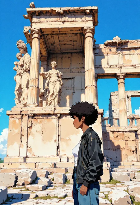 A vibrant and detailed painting of the Erechtheion, a famous ancient Greek temple located on the Acropolis of Athens. The focus of the painting is on the Porch of the Caryatids, which features six female figures known as caryatids serving as architectural supports. The caryatids are depicted in flowing robes, with their hair styled in intricate braids, embodying both strength and grace. The structure is painted in soft, muted tones that contrast beautifully with the bright blue sky in the background. The artist has captured the texture and weathered appearance of the stone, giving a sense of the temple's age and historical significance. In foreground an adult black woman in afro hairdo is looking around. She wears a black leather jacket, a white tank top t-shirt and jeans. The overall composition highlights the elegance and timeless beauty of this iconic piece of classical architecture.
j_art, anime, anime art, <lora:FLUX\jul\J_Anime:0.8>, <lora:FLUX\RealAnime:0.8>