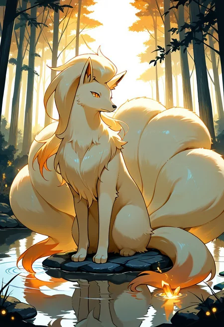 masterpiece, best quality, solo, forest, warm lighting, zzNinetales, female, amber eyes, sitting beside a crystal-clear pond, glowing water ripples, serene and tranquil atmosphere, soft lighting, detailed water effects, fur, fluffy tails, fluffy body,