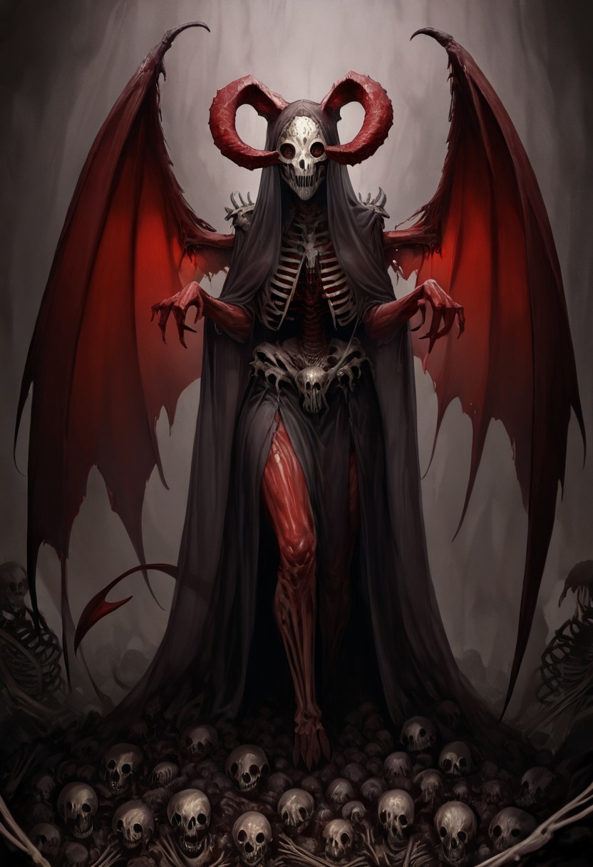 masterpiece, best quality, newest, absurdres, highres, 
TWEV1.0, 1girl, red skin, red colored skin, demon girl, succubus, demon horns, horns, demon wings, demon tail, wings, horror (theme), monster girl, skull, skull mask, bones, skeleton, veil, veiled face, mask,