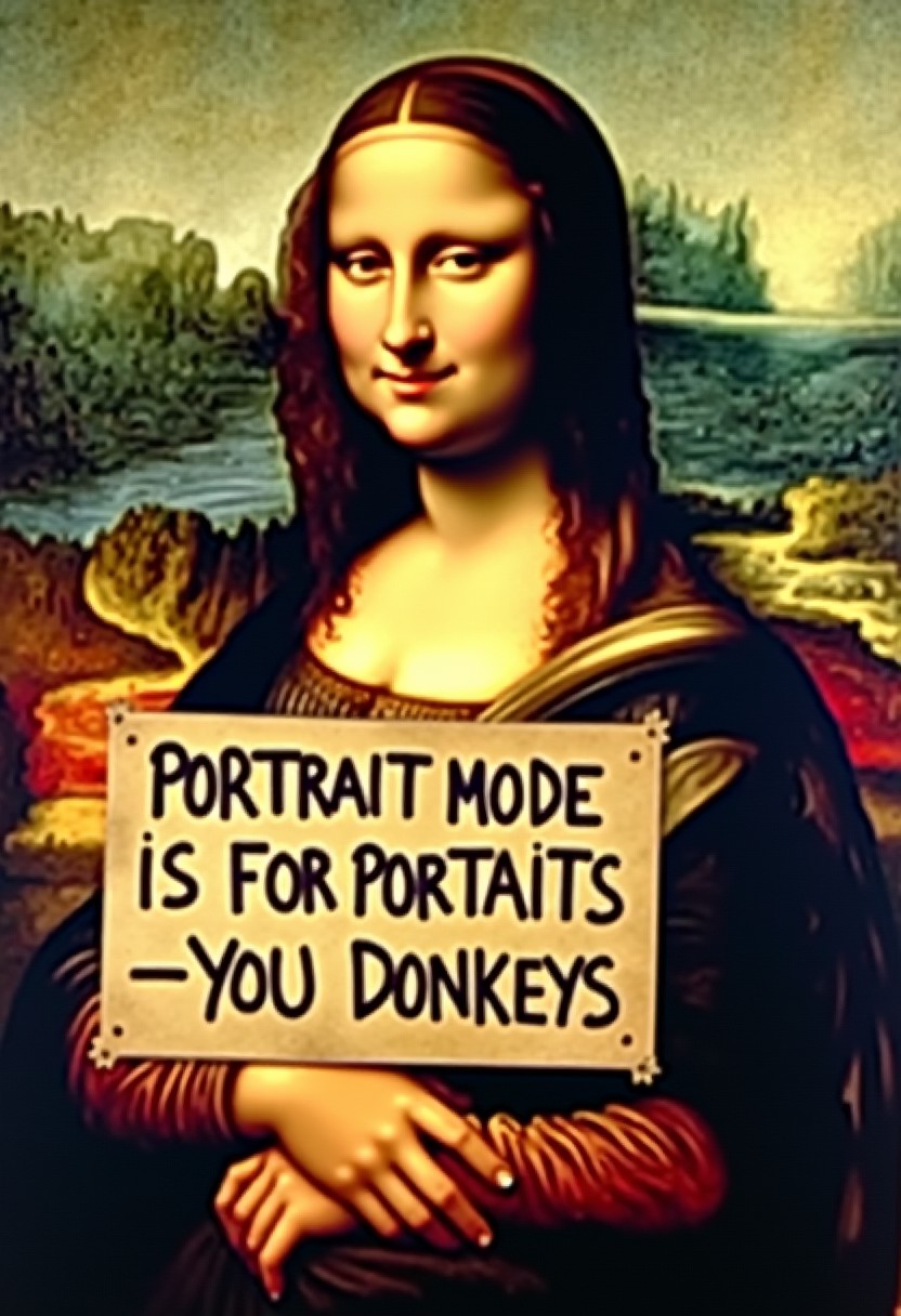 the 'Mona Lisa' woman from the "Mona Lisa painting,  holding a sign that reads; "PORTRAIT MODE IS FOR PORTRAITS -- YOU DONKEYS"