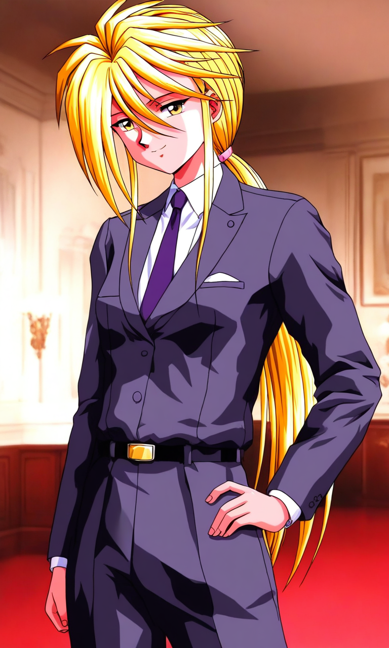 general,highres, ultra-detailed,very aesthetic,best quality ,best hands, BREAK <lora:Ijuuin_Rei_Tokimeki_Memorial_IS:1>
Ijuuin_Rei(Tokimeki_Memorial),  blonde hair, yellow eyes, hair between eyes, 
 necktie, long hair, shirt, belt, pants, ponytail, long sleeves, 
 hand on hip, smile, looking at viewer, 1boy, white shirt, formal, 
 indoors