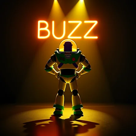 Buzz Lightyear bathed in yellow spotlights against inky black with glowing neon sign that read BUZZ. Swirling light trails mimic Alberto Seveso's ink-in-water photography, capturing Peter Coulson's dance dynamism. EDM energy pulsates. Q8, Q5, and Q4 shaped text accents.