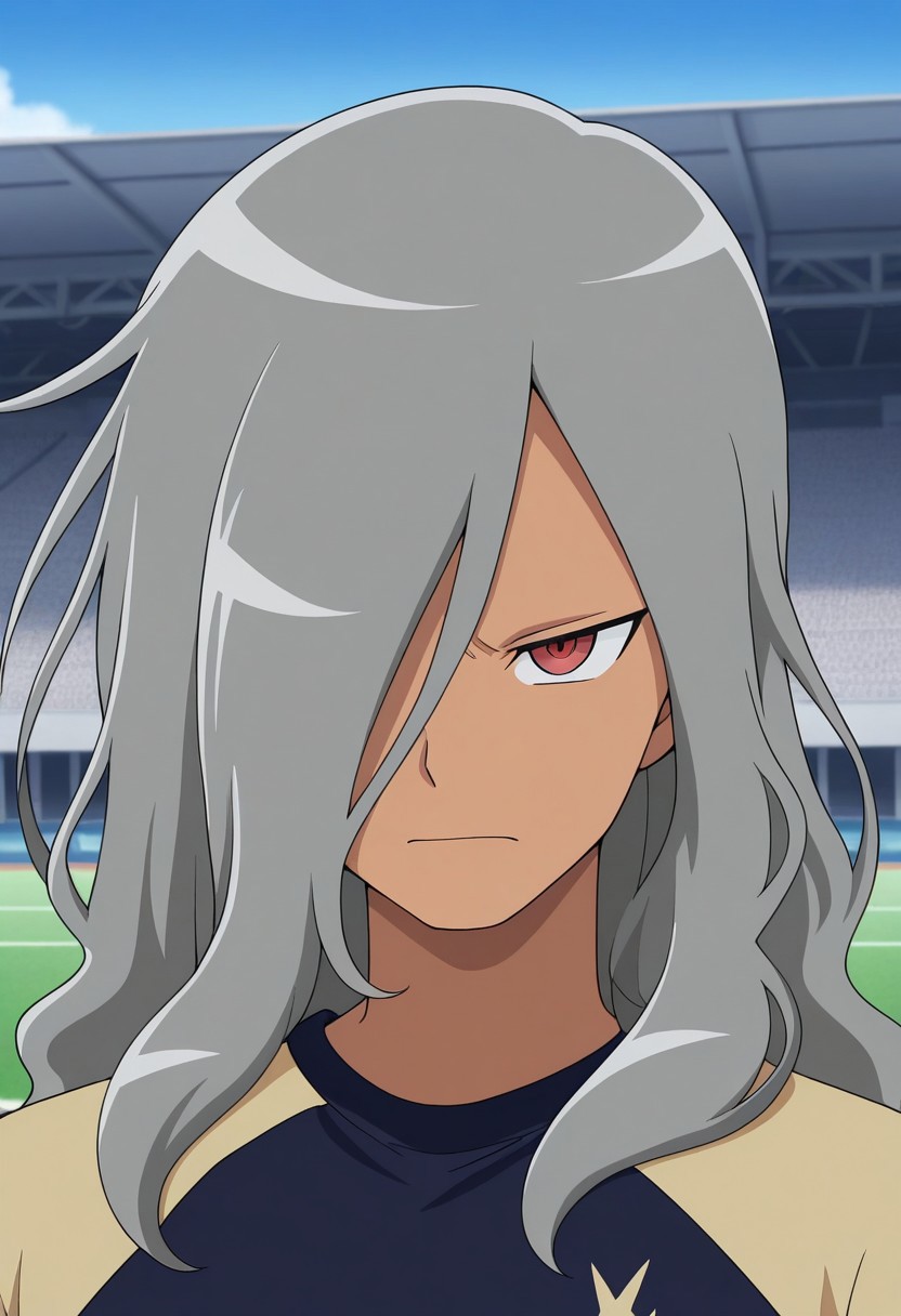 masterpiece,best quality,amazing quality, source_anime,
HaizakiRyouhei, 1boy, male focus, solo, dark skin, dark-skinned male, red eyes, grey hair, long hair, hair over one eye, seishou soccer uniform, black and gold shirt, multicolored shirt, portrait,
outdoor,